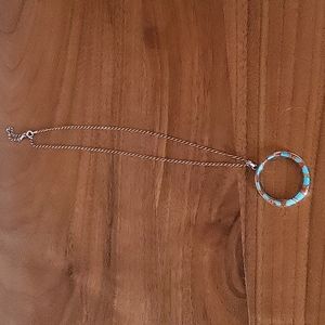 Turquoise and coral pendant on silver chain